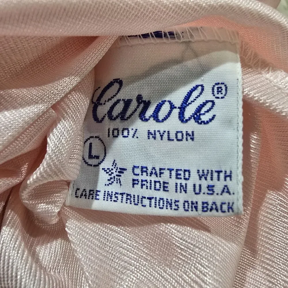 Vintage Made Isn USA Long Nylon Pink Nightgown Button-Up Lace Embroidery Trim L
